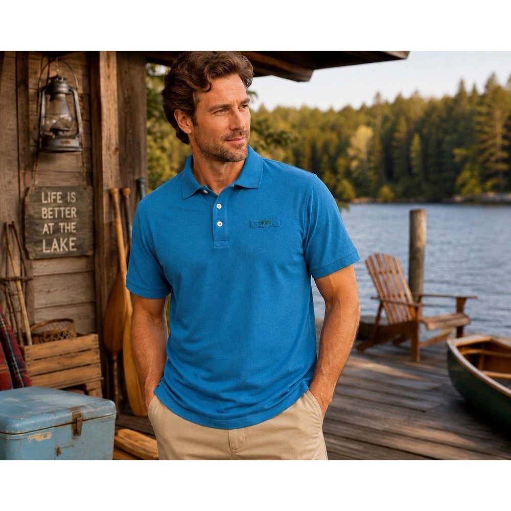 Orvis Men's Large Pima Cotton Polo Shirt Blue Short Sleeve Stretch Embroidered